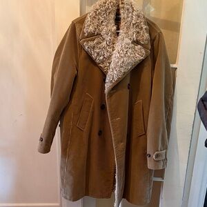Dolce & Gabbana Tan Corduroy Pea Coat with Cream Shearling Collar